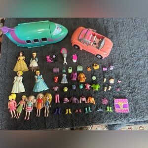 Polly Pocket Huge Lot: Airplane, Convertible Car, Dolls, Pets & Accessories